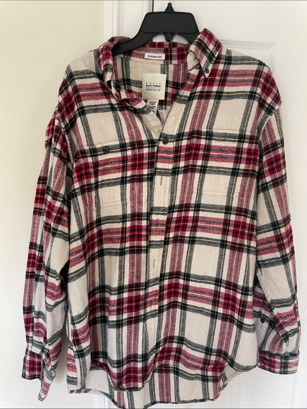Basic Editions Men’s Red and Cream Plaid Button-Down Shirt